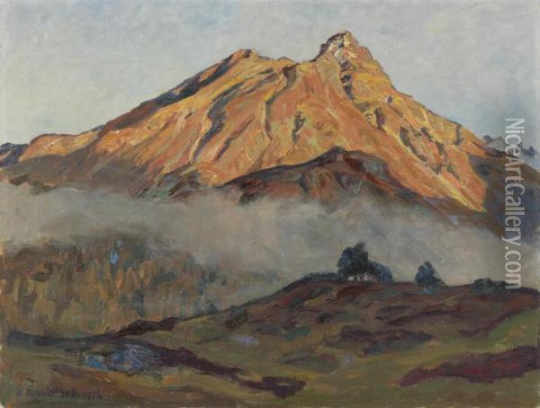 Piz La Margna Im Abendlicht (von Norden Oberhalb Maloja Gesehen) Oil Painting - Hans Beat Wieland