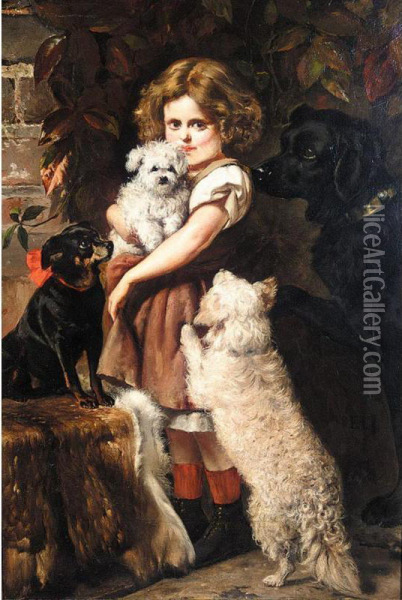 A Little Girl With A Labrador, An English Toy Terrier, A Bichon Frise And It's Puppy Oil Painting - Edith Arkwright
