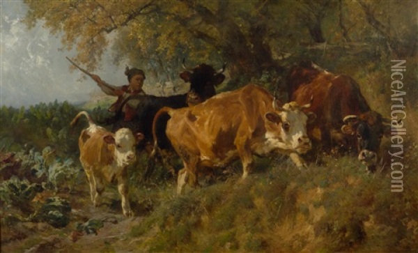 Young Herdsman With Cows Oil Painting - Anton Braith