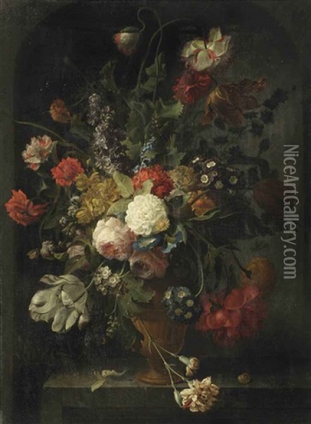 Violets, Pink And White Roses, Carnations, Tulips, Blue Morning Glory, A Peony, A Hyacinth And Various Other Flowers In A Vase, On A Stone Ledge With A Pupa And A Snail Oil Painting - Coenraet (Conrad) Roepel