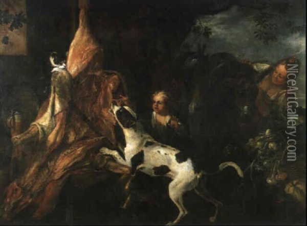 Ein Hund Und Eine Katze Machen Sich Einem Ausgeweideten     Ochsen Streitig Oil Painting - Adriaen de Gryef