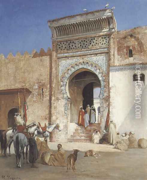 Arabs Outside the Mosque Oil Painting - Victor Pierre Huguet
