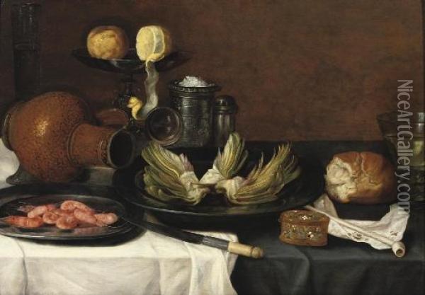 Artichokes And Shrimps On Pewter
 Plates, An Earthenware Jug, A Knife, A Peeled Lemon And An Orange On A 
Tazza, A Salt-cellar And Other Objects On A Draped Table Oil Painting - Jacob Fopsen van Es