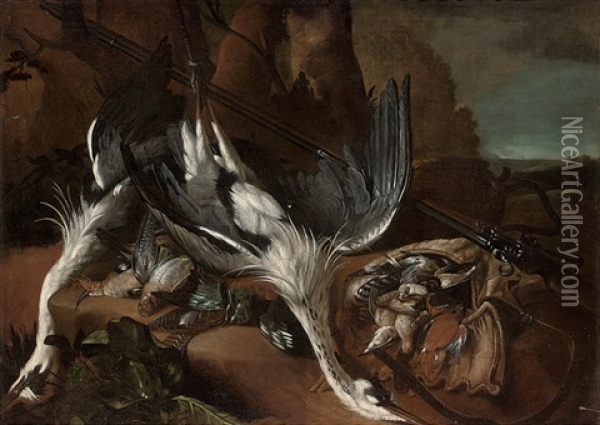 Two Dead Heron, Woodcock And Other Birds, With A Rifle In A Landscape Oil Painting - Pieter Boel