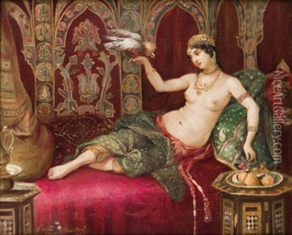L'odalisque Au Perroquet Oil Painting - Lucien Mouillard