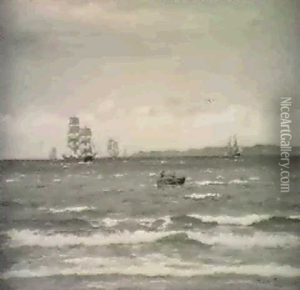 Marine Med Skibe, I Baggrunden Kullen Oil Painting - Carl Ludvig Thilson Locher