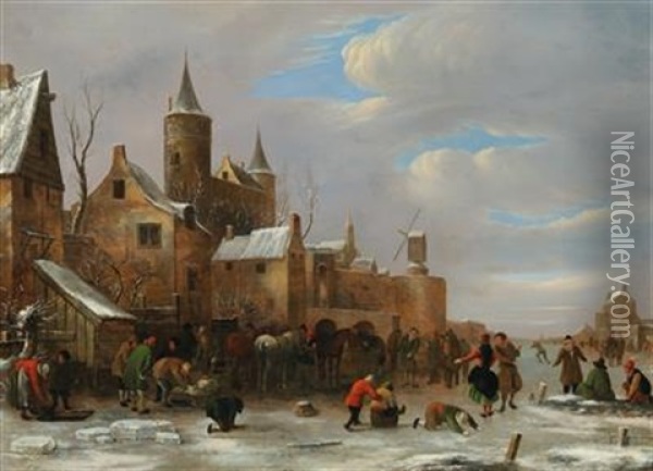 A Merry Company On A Frozen River Oil Painting - Nicolaes Molenaer