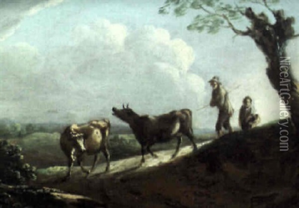 Shepherds With Cattle On A Country Lane Oil Painting - Benjamin (of Bath) Barker