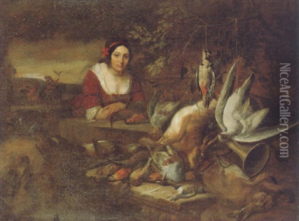 Portrait Of A Young Girl Beside A Still Life Of Dead Game On A Carved Stone Ledge With A Hawking Party In A Landscape Beyond Oil Painting - Adriaen de Gryef