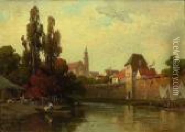 Altes Stadtchen Am Fluss. Oil Painting - Josef Willroider