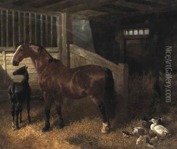 Horses And Ducks In A Barn Oil Painting - Benjamin Herring Jr.