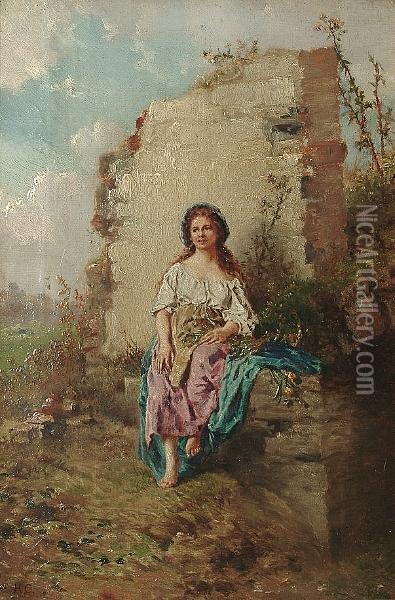 Portrait Of Young Woman In A 
Country Landscape With Flowers On Her Lap, A Ruined Wall Beyond Oil Painting - Henry Campotosto