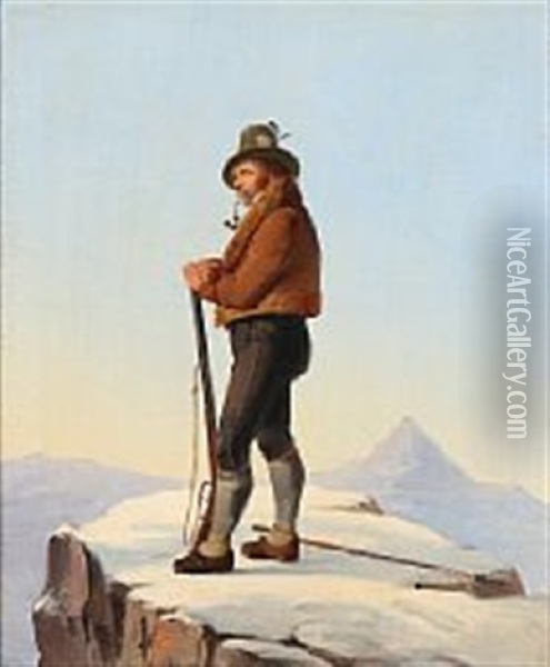 A Tyrolean Hunter On A Snowy Mountain Peak Oil Painting - Christian Andreas Schleisner
