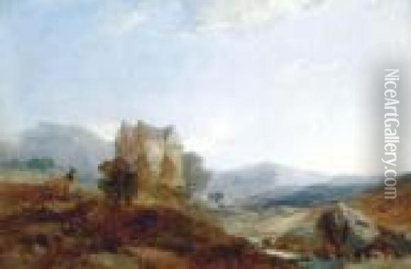 Landscape With Deer, A Castle Beyond Oil Painting - Henry Bright