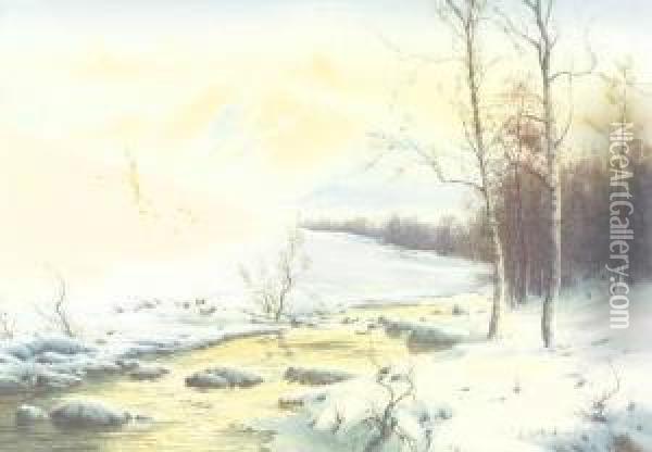 The River Greta, Near Keswick, Winter Oil Painting - Edward Horace Thompson
