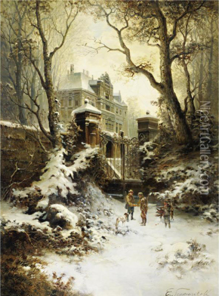 At The Gates Of An Estate Oil Painting - E. Lermontoff