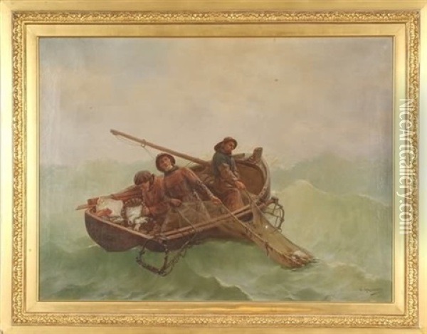 Fishermen Pulling In Their Nets Oil Painting - Georges Jean Marie Haquette
