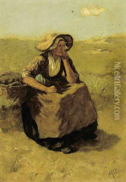 A pensive fisherwoman in the dunes Oil Painting - David Adolf Constant Artz