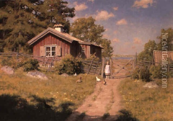 Flicka I Sommarlandskap Oil Painting - Johan Fredrik Krouthen