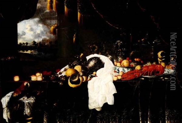 Elaborate Still-life Of Fruit And A Lobster With A Parrot Oil Painting - Andries De Koninck