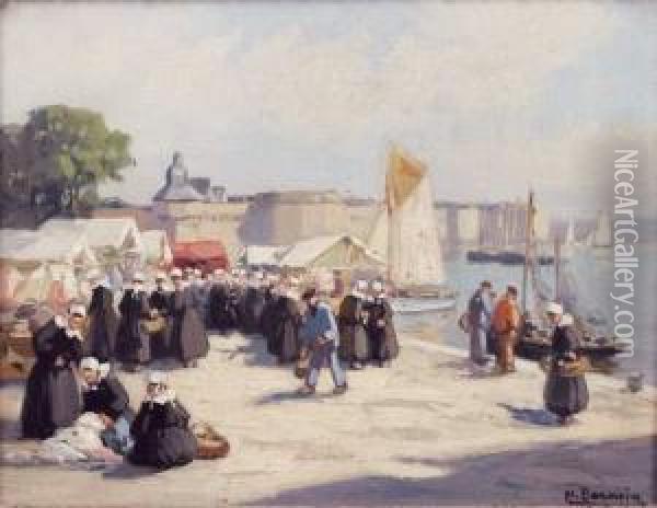 Marche Sur Le Port De Concarneau Oil Painting - Henri Alphonse Barnoin