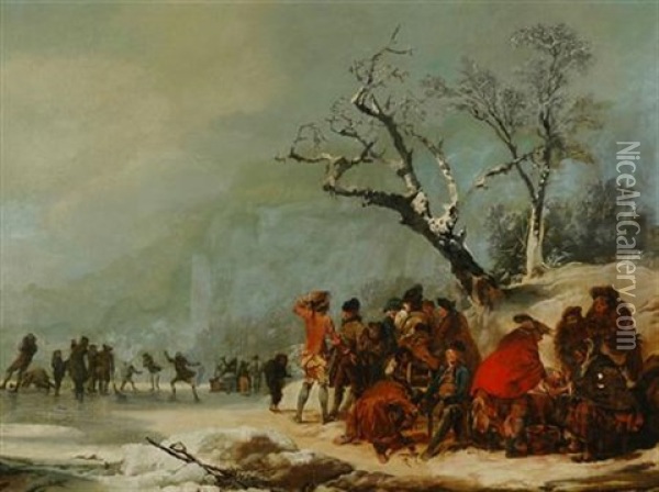 Skaters On A Frozen Lake Oil Painting - Jean-Baptiste Leprince