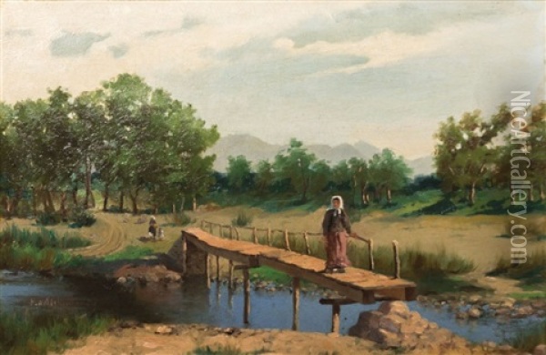 Pont Anime Sur La Riviere Oil Painting - Hyacinthe Alchimowicz
