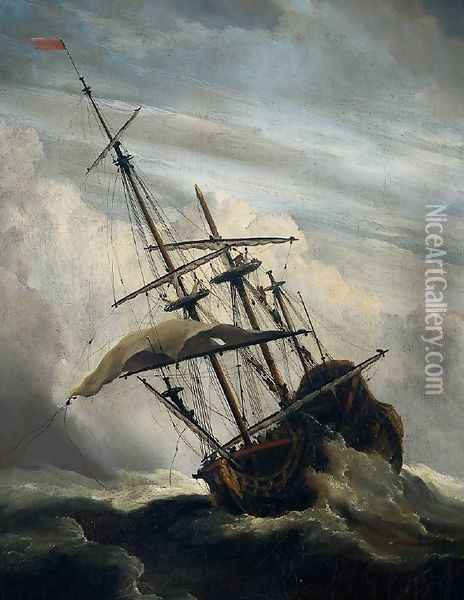 Ship in High Seas Caught by a Squall [detail #1] Oil Painting - Willem van de Velde the Younger