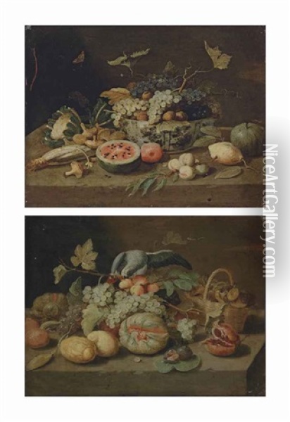 Grapes And Walnuts In A Porcelain Bowl, With An Open Watermelon, Mushrooms And Other Fruit And Vegetables, On A Stone Ledge (+ Grapes, Lemons, A Melon, Figs And Other Fruit, With A Basket Of Mushrooms And A Parrot, On A Stone Ledge; Pair) Oil Painting - Jan van Kessel the Elder