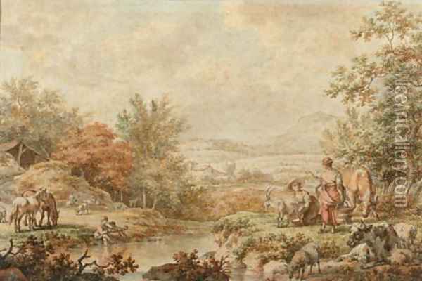 A mountainous landscape with maids milking a goat on the bank of a stream Oil Painting - Jacob Cats