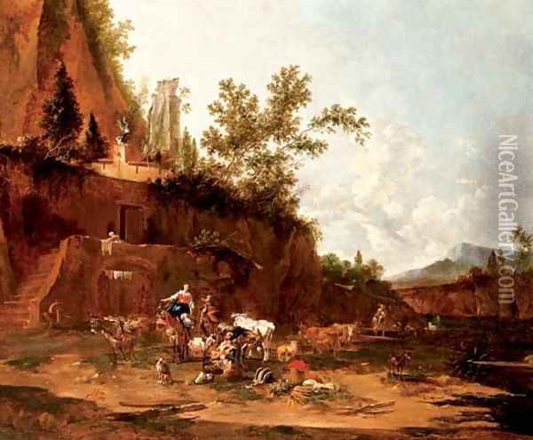 Herders resting in an italianate landscape Oil Painting - Jan Frans Soolmaker