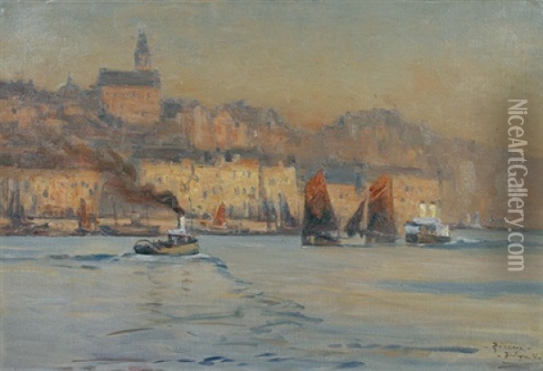 Blick Vom Meer Auf Ein Franzosisches Hafenstadtchen, Im Vordergrund Boote Oil Painting - Edmond (Falconnet) de Palezieux