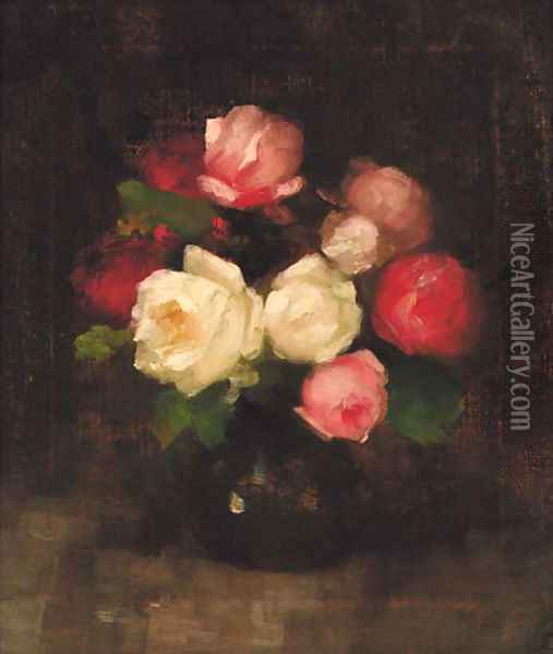 Pink and red roses in a vase Oil Painting - Louise Ellen Perman