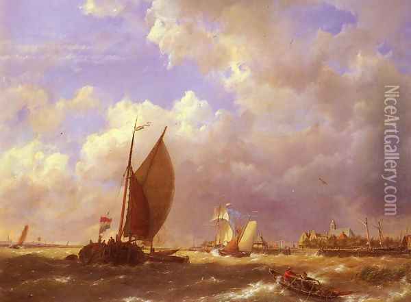 A Sunlit Dock Oil Painting - Cornelis Christiaan Dommelshuizen