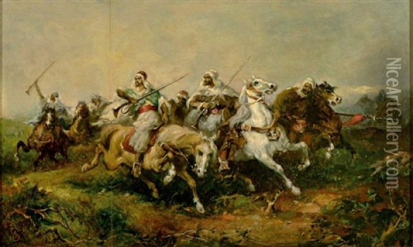 Sturmende Arabische Reiter In Abendlicher Landschaft Oil Painting - Adolf Schreyer