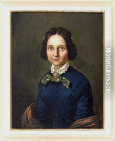 Portrait Einer Jungen, Dunkelhaarigen Dame Im Blauen Kleid, Bruststuck En Face Oil Painting - Joseph Leiendecker