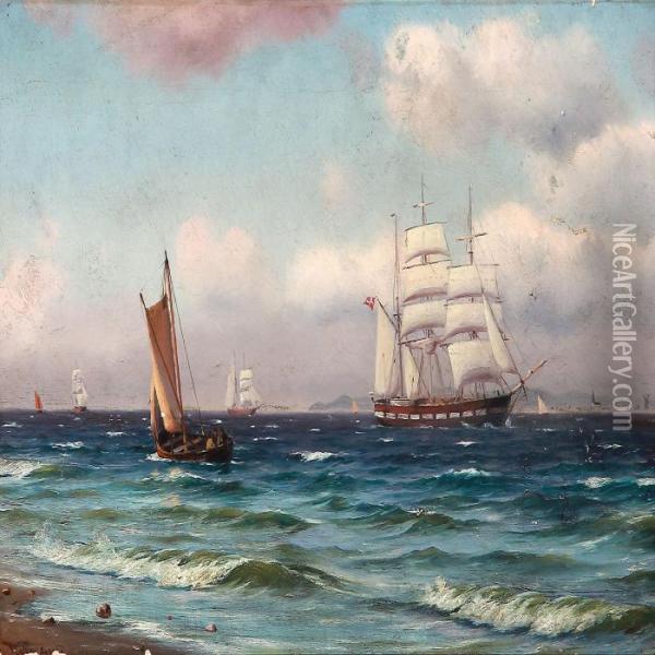 Coastal Scene With Sailing Ships At Sea Oil Painting - Johann Jens Neumann