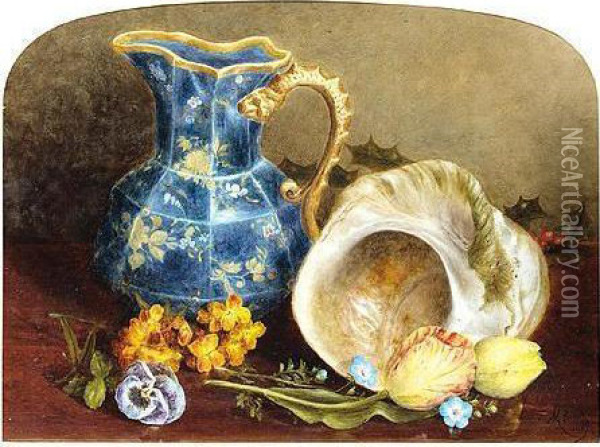 Still Life, Signed And Dated 1869, Oil On Board, Arched Top, 29 X 39 Cm.; 11 X 15 1/2 In Oil Painting - Mary Ensor