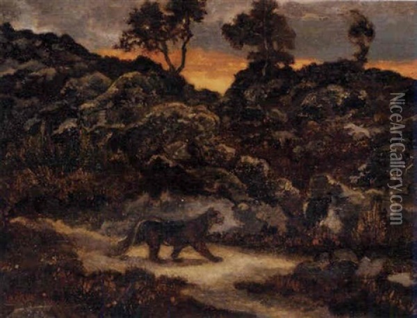 Lionne Dans Un Paysage Oil Painting - Antoine-louis Barye