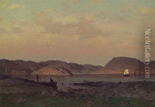 Klippig Skargard Med Fiskare Och Segelbat Oil Painting - Axel Wilhelm Nordgren