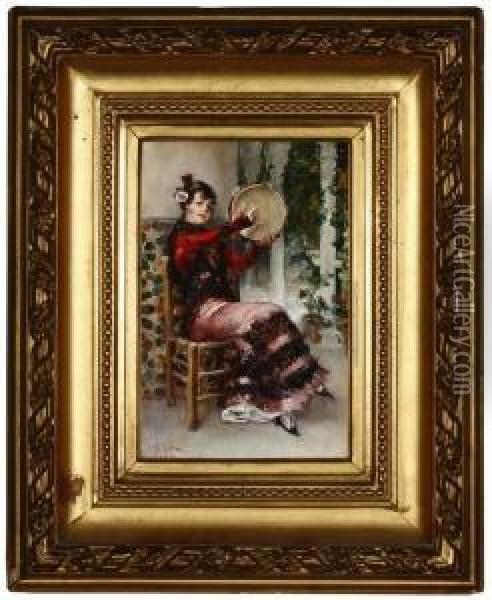 Spanish Dancer With Tambourine Oil Painting - Harry Humphrey Moore