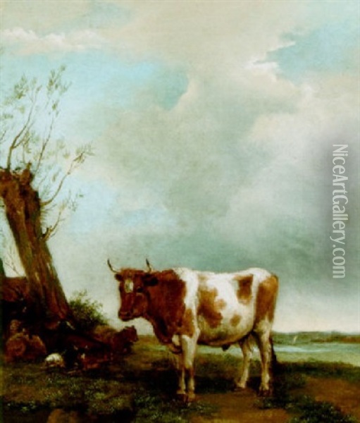A Bull In A Meadow With Goats By A Tree Oil Painting - Albert Jansz Klomp