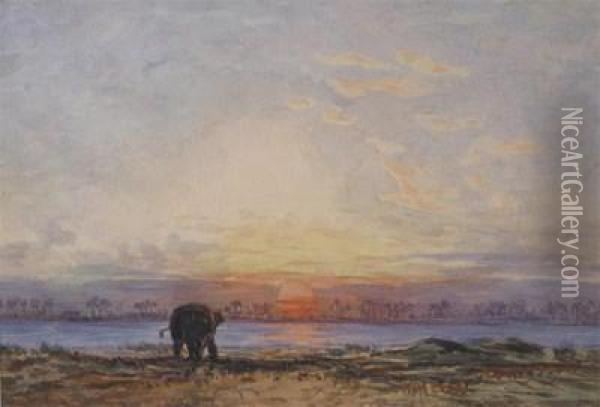 Sunset On The Chow Praya River, Siam Oil Painting - Eduard Hildebrandt