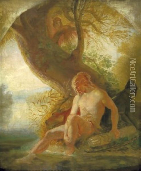 Rastender Germane, Von Einer Waldjungfrau Belauscht Oil Painting - Wilhelm Lindenschmit the Elder