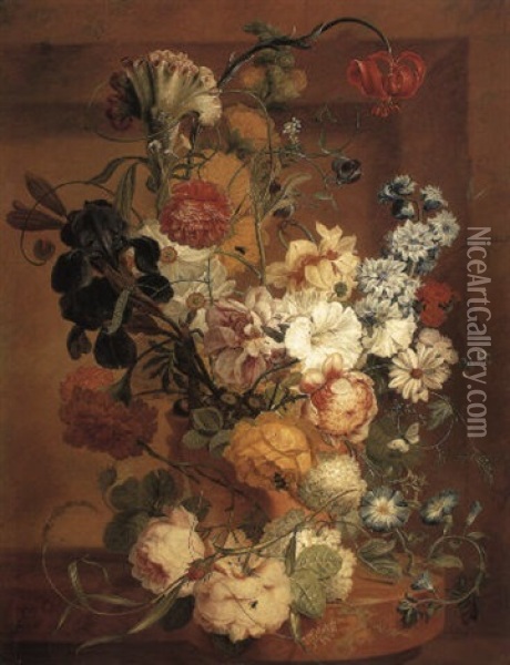 Cockscomb And Other Flowers On A Marble Ledge With A Bee Oil Painting - Jan van Os