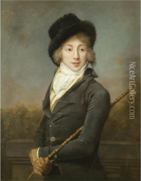 A Portrait Of Auguste Vestris, Half Length, Wearing A Grey Coat And A Fur Hat Oil Painting - Adele Romanee Romany