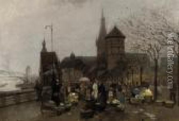 A Market Day In A German Town Oil Painting - German Grobe