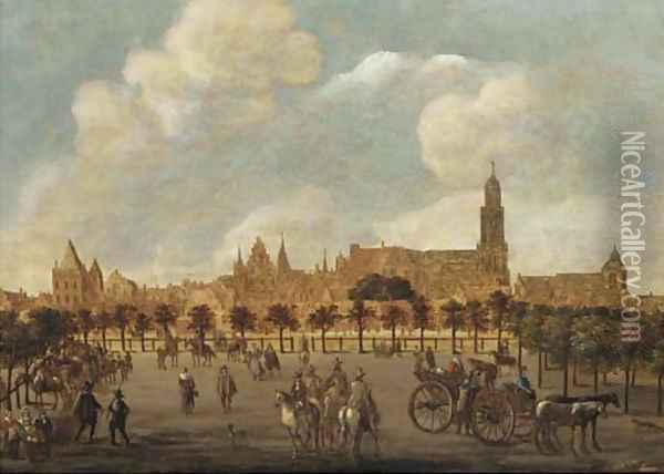 Figures in a park, Utrecht with the Dom Kerk and the Buurkerk beyond Oil Painting - Sybrand Van Beest