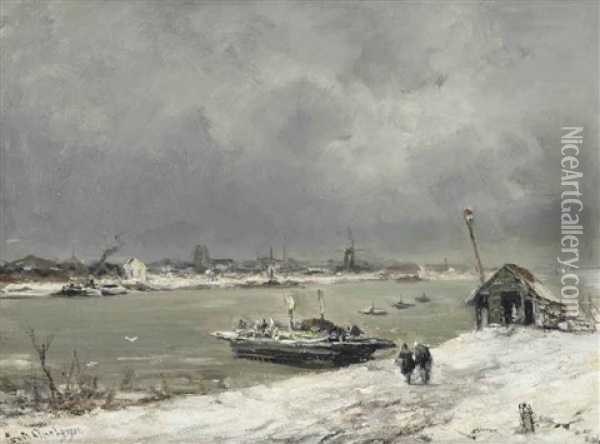 A Ferry Crossing Near Wijk Bij Duurstede In Winter Oil Painting - Louis Apol