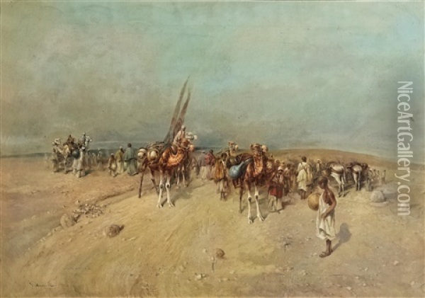 A Caravan In The Desert Oil Painting - Tito Pellicciotti